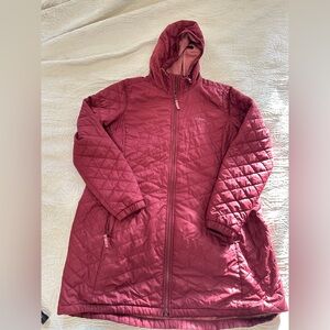 L.L. Bean Women's 2X Plus Long Fleece-Lined Primaloft Coat in a burgundy/red